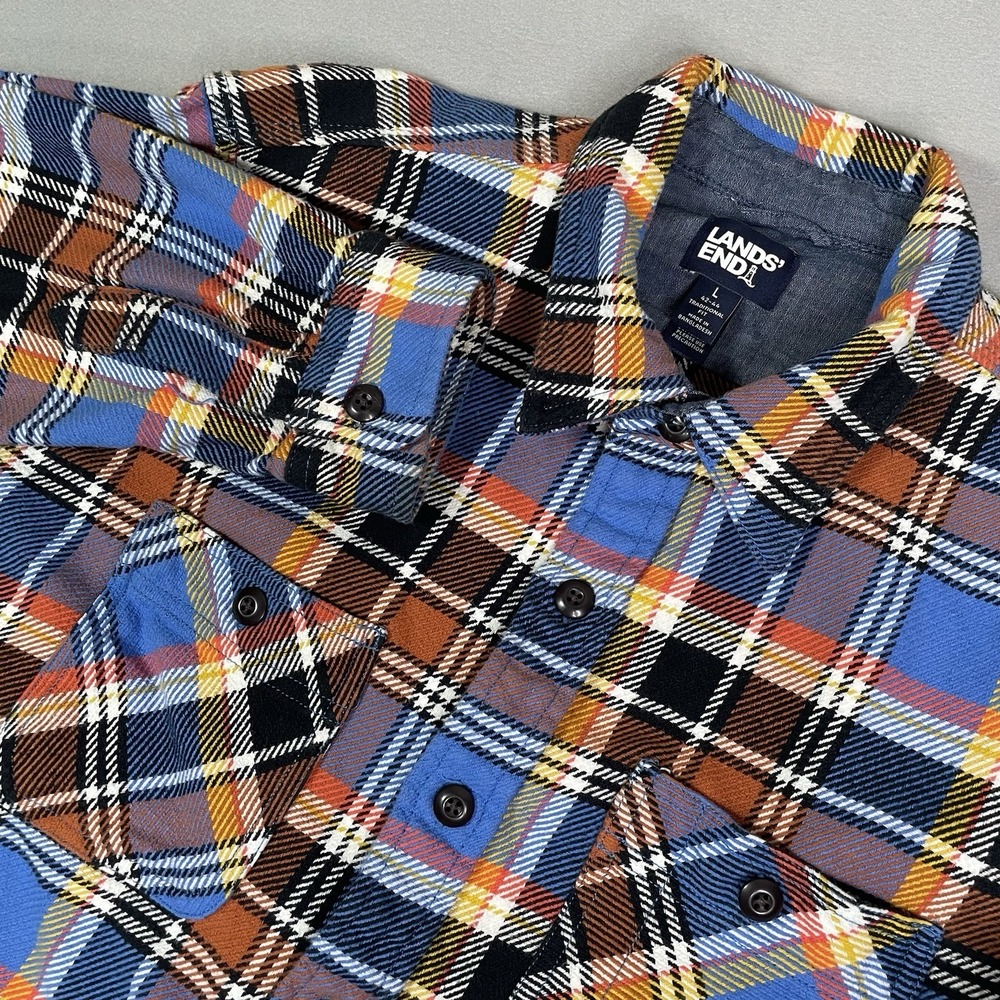 Lands End Mens Button Down Shirt Classic Fit Plaid Flannel Long Sleeve Cotton L